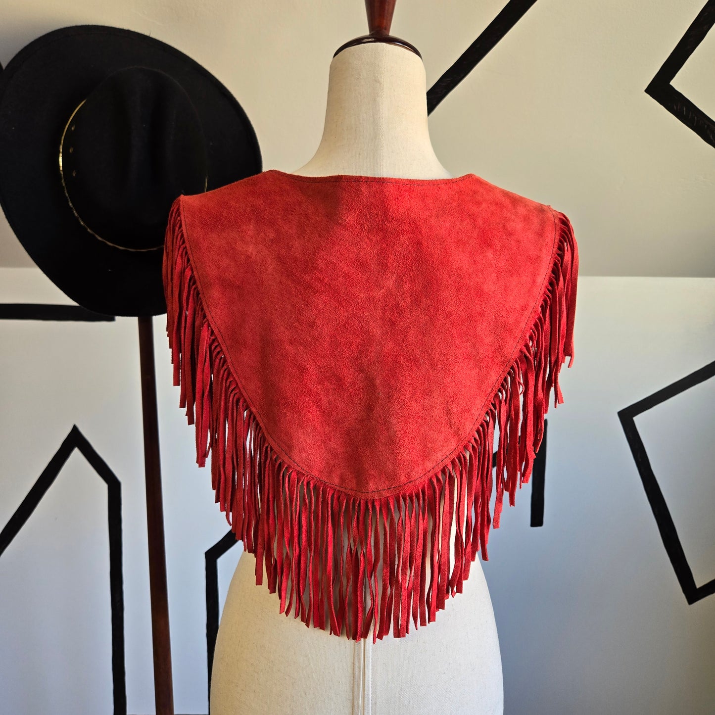 Steer Brand Red Genuine Suede Leather Fringe Cape - OS