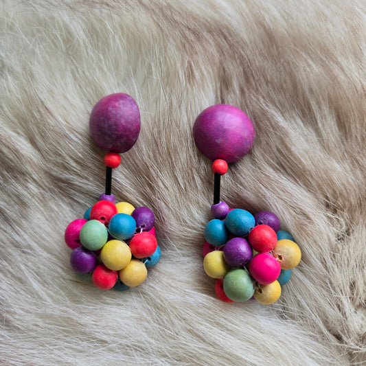 Vintage Wood Rainbow Cluster Drop Earrings - Post Back