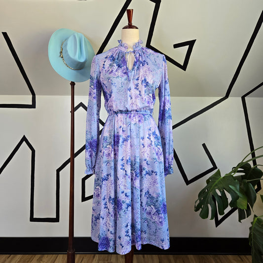 Vintage 1970s Lavender Florals and Polka Dots Midi Dress - large