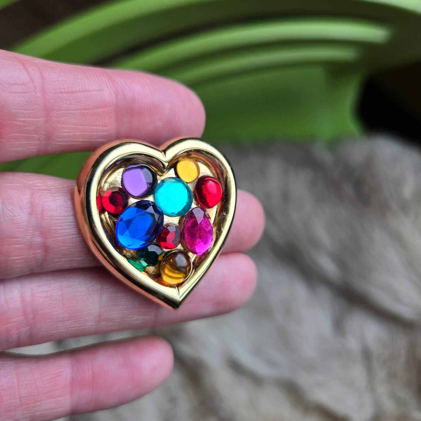 Vintage Gold Tone Rainbow Gem Heart Brooch