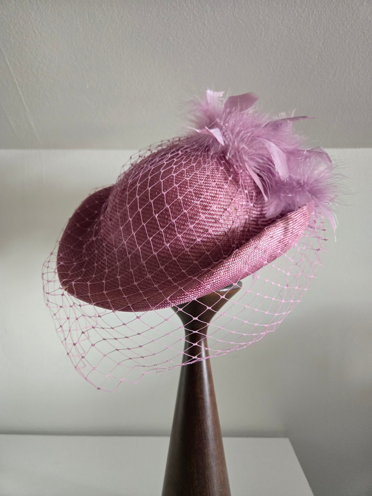 Vintage Lavender Fascinator with Mesh and Feathers