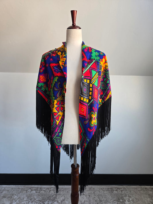 Vintage Barkcloth Dayglo Shawl with Fringe - OS