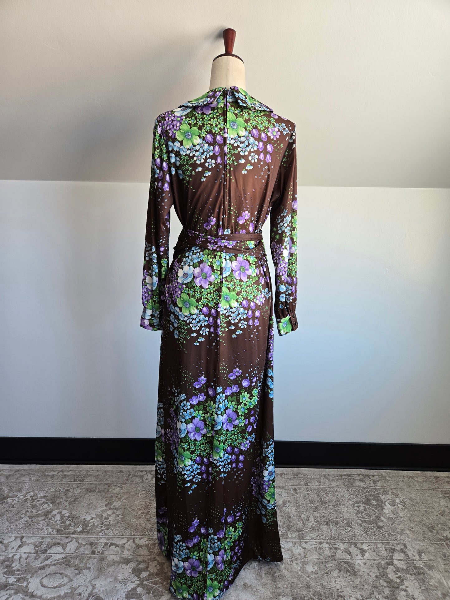 Royalty Dallas Vintage 70s Brown Floral Maxi Dress - L/XL