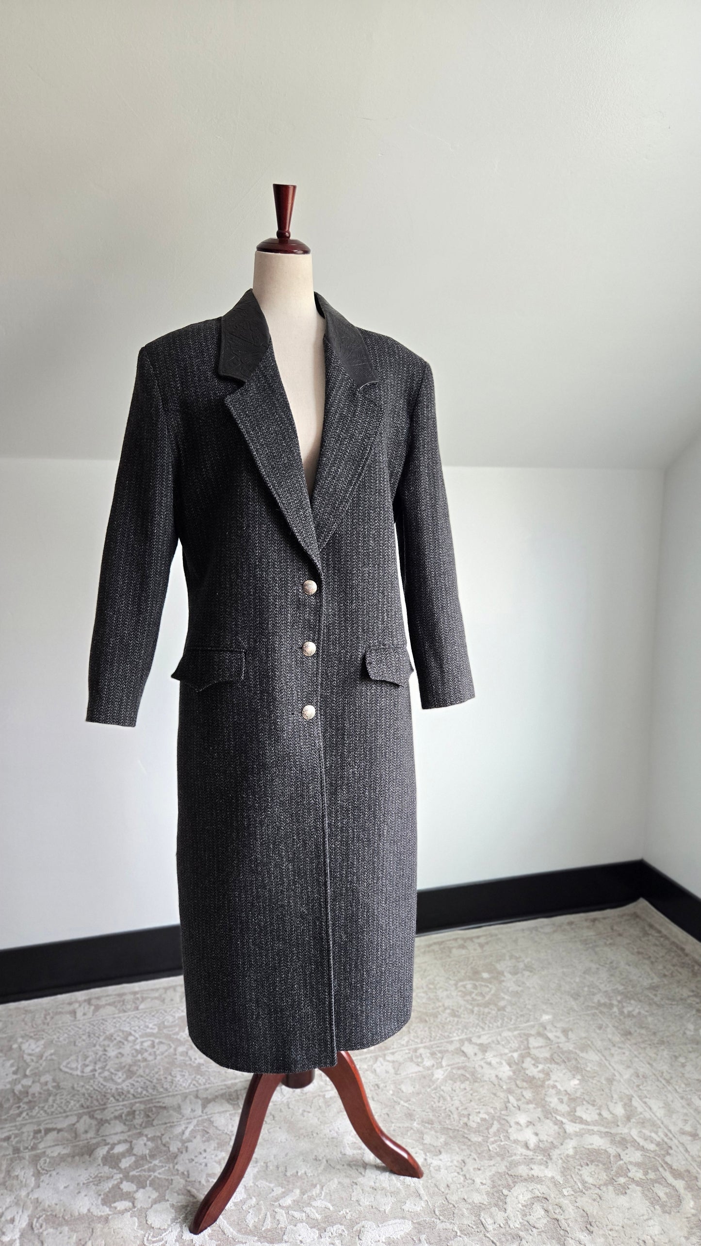 Pioneer Wear Vintage Long Blazer Jacket with Leather Collar - Large