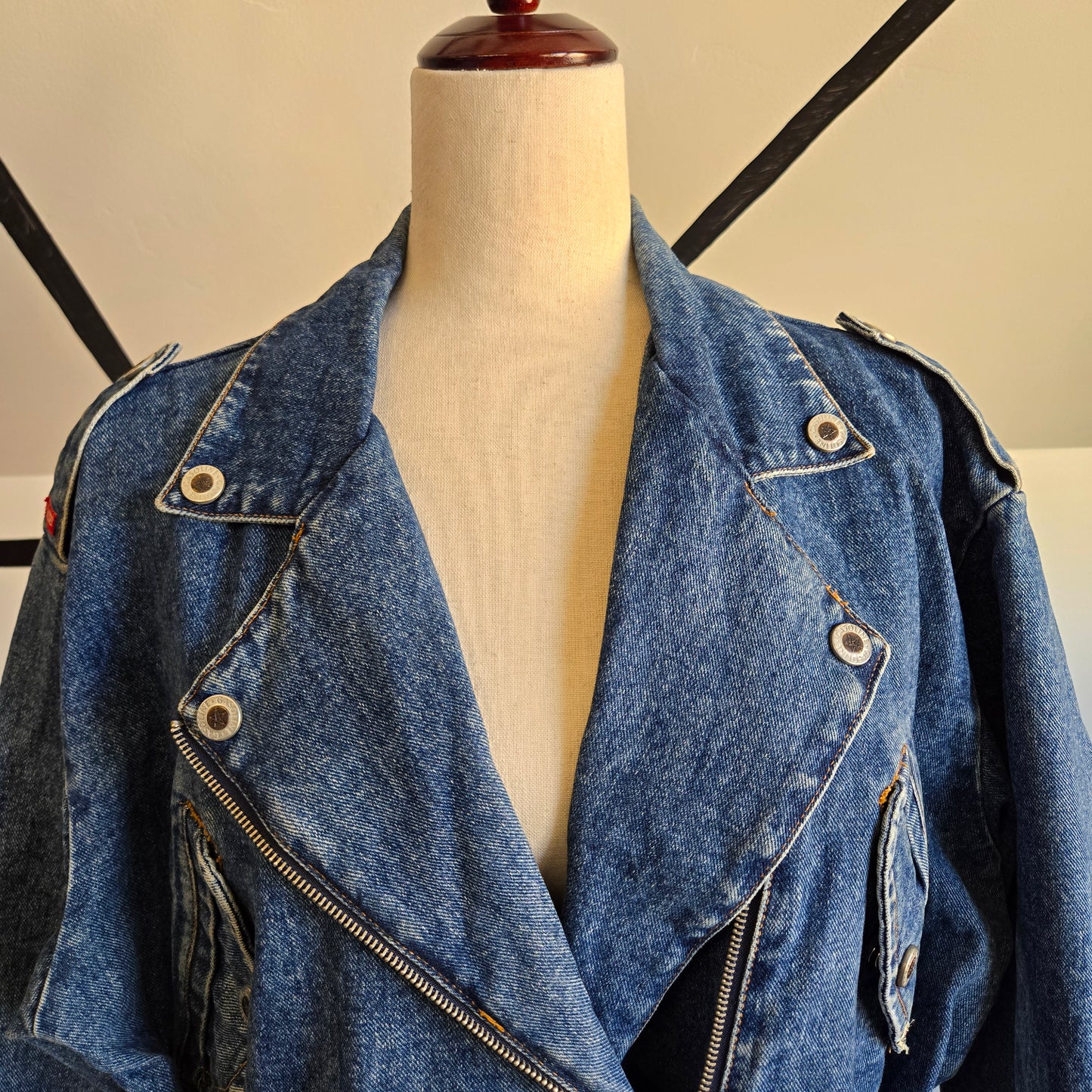 Gasoline Vintage 80s Denim Moto Jacket with Belt - Large