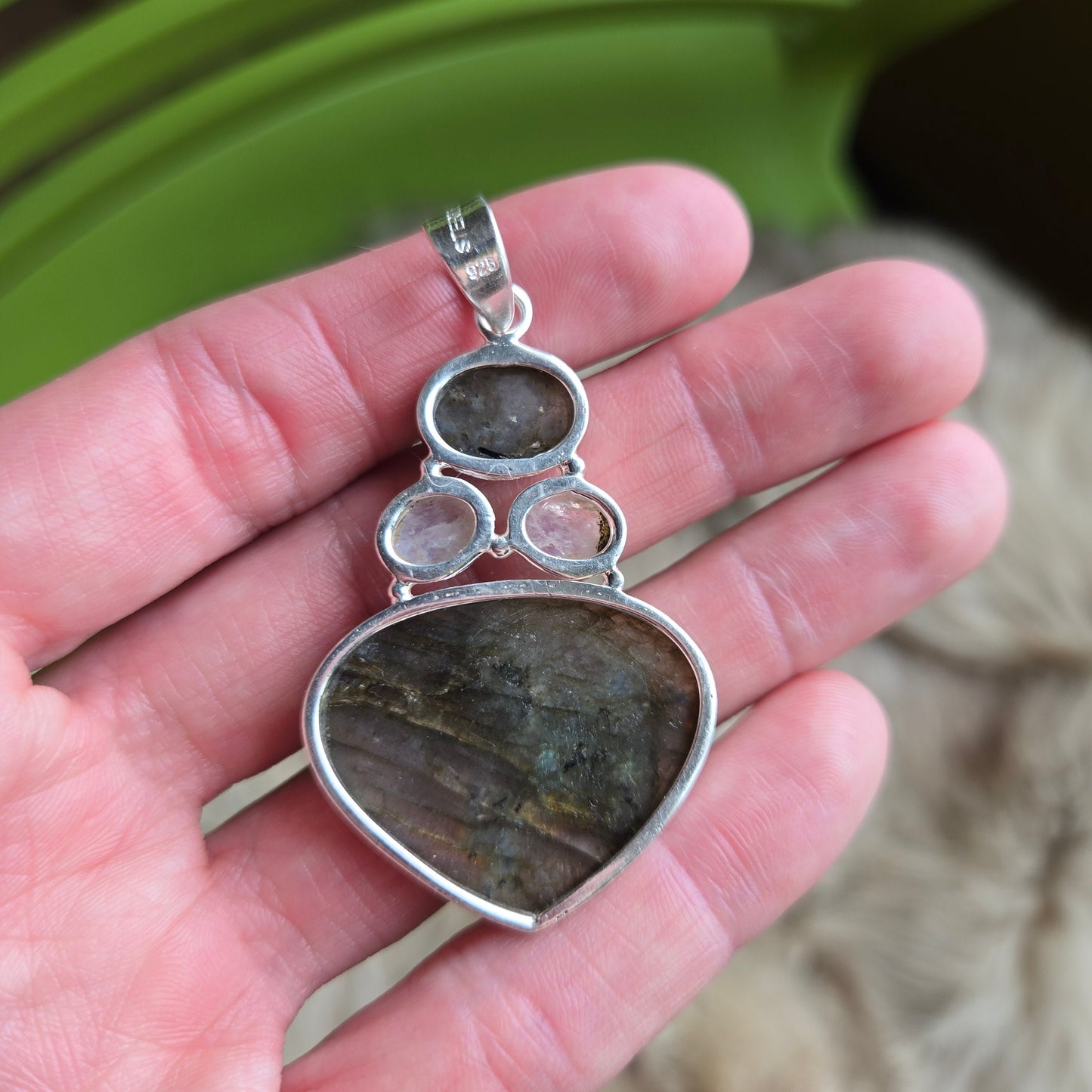 925 Sterling Silver Labradorite and Clear Quartz Pendant