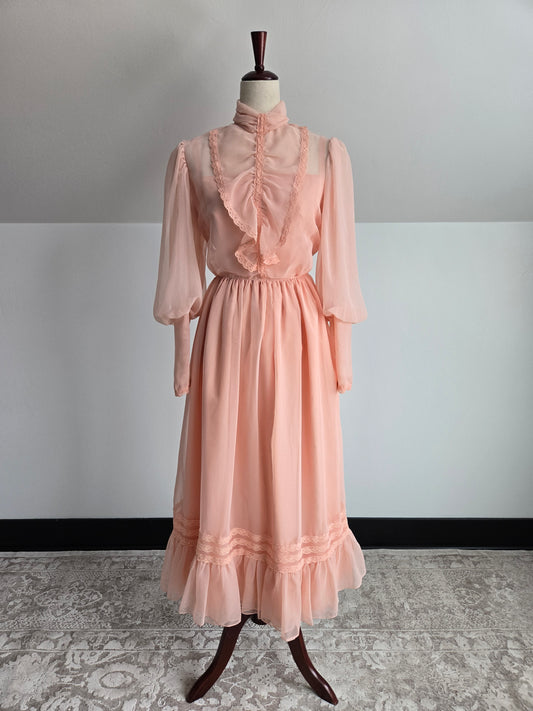 Peachy Pink 1970s Vintage Edwardian Style Dress - small