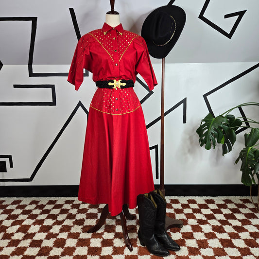 Lilia Smith Exclusive Vintage 70s Western Red and Gold Dress