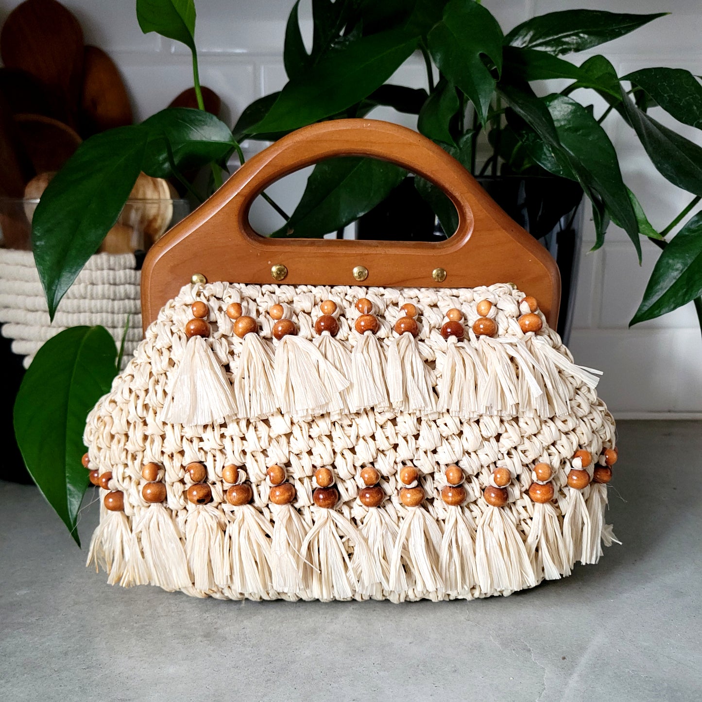 Vintage Mantessa Straw and Wood Bead Bag Hand Made in Japan
