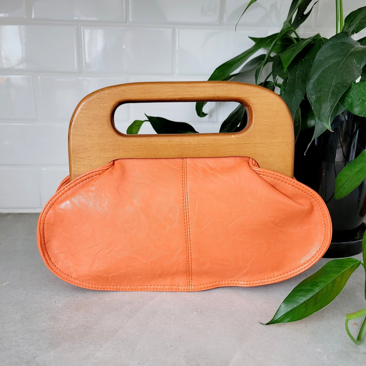 Vintage Orange Genuine Leather Bag with Wood Handle