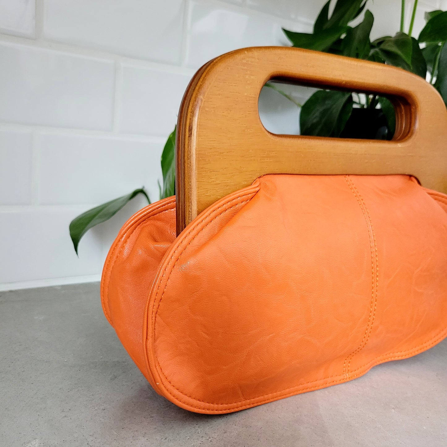 Vintage Orange Genuine Leather Bag with Wood Handle