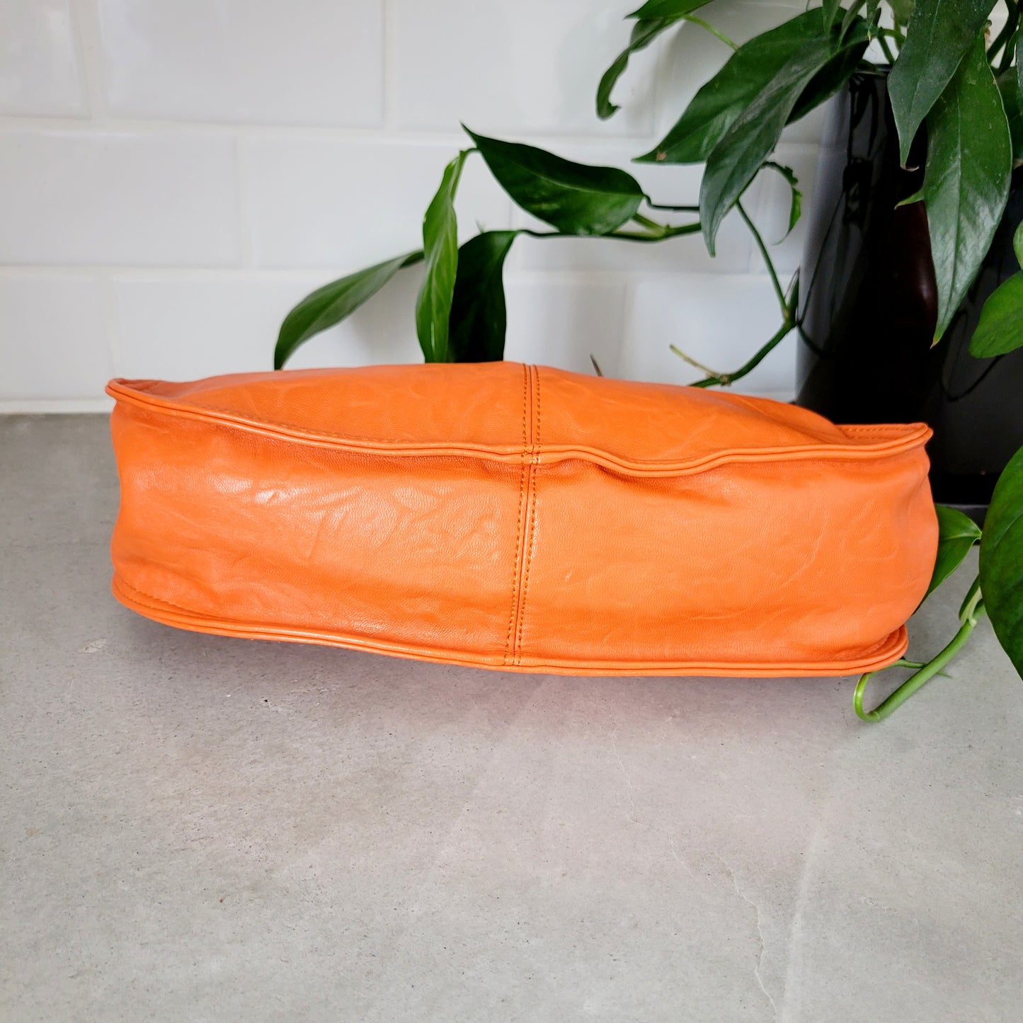 Vintage Orange Genuine Leather Bag with Wood Handle